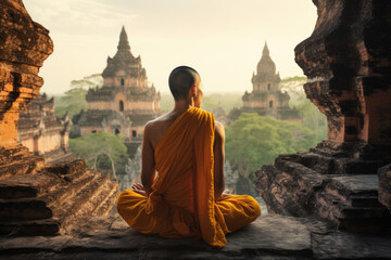Spiritual Journey. Contemplative Buddhist Monk in Myanmar Embracing Tranquility - obrazy, fototapety, plakaty