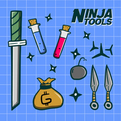 Illustration set Ninja weapon tool kit icons