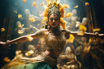 Fototapeta na wymiar Exquisite Balinese Performance. An Elegant Dancer in Elaborate Traditional Dress. AI Generative
