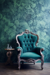 Old baroque teal chair infront purple wallpaper wall. Interior, wallpapers, furniture background with copy space. AI generative, illustration