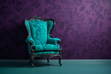 Old baroque teal chair infront purple wallpaper wall. Interior, wallpapers, furniture background with copy space. AI generative, illustration - obrazy, fototapety, plakaty