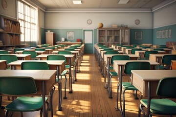 School classroom with chairsdesks and chalkboard
