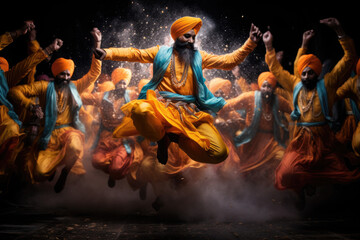 Energetic Bhangra Extravaganza. A Vibrant Group of Punjabi Bhangra Dancers Bring Colorful Cultural Traditions to Life. Dynamic Celebration 