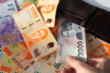 The Argentine Peso, money from Argentina. Bills of 100, 200, 500, 1000 and 2000 argentinean pesos banknotes.