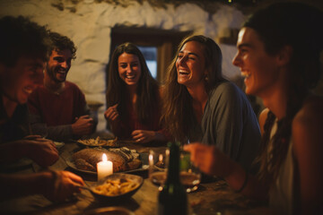 A Convivial Gathering of Friends Around a Table, Savoring Traditional Portuguese and Spanish Cuisine - obrazy, fototapety, plakaty