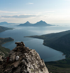 Afternoon view from Smaltinden, Luröy, Helgeland, NordNorge. View over Norwegian island of Tomma,...
