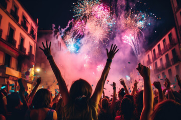 Vibrant Street Celebration: People Rejoicing Amidst Fireworks Illumination.
