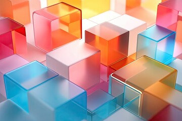 Vibrant Cubic Symphony: 3D Render of Multi-Colored Transparent Stacked Cubes