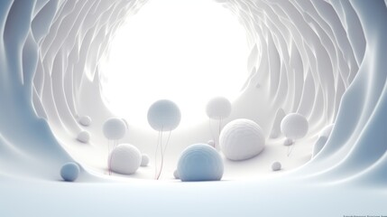 White abstract for a mockup in a cave with strange spherical plants. AI generation 