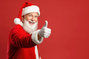 Fototapeta na wymiar Santa Claus on red background with the thumb up Generative AI
