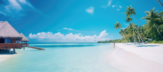 Maldivian Serenity. A Secluded Beach Offering Peace and Tranquility. Tropical beach with blue waters concept. AI Generative