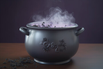 Front view of a Halloween cauldron over a counter isolated on a dark purple background