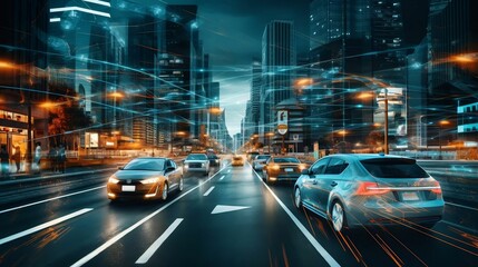 Fototapeta na wymiar Fleet of autonomous self-driving cars navigating