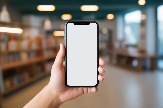 Hand-holding smartphone on blurred office background