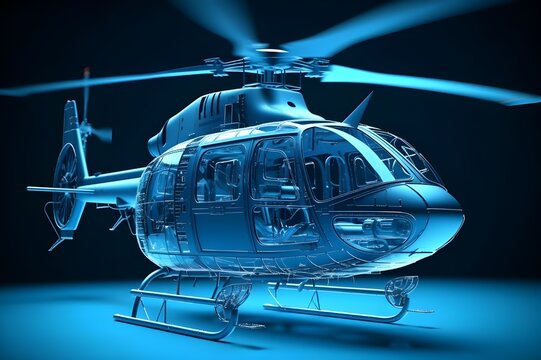 Blue wireframe of a helicopter ready to take off. Blue prints of chopper ready to fly. Helicopter wire-frame.
