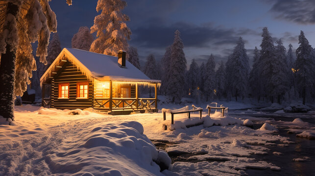 small cabin is covered in snow during the winter in lapland Generative AI