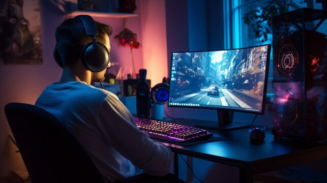 a handsome gamer guy gaming on his pc computer console with keyboard mouse and headphones in front of multiple monitor. sitting on a chair in his gaming room with rgb led lights. Generative AI