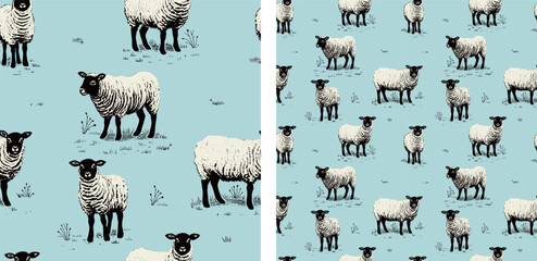 flock of sheep cute nursery vintage pale blue and white childlike farm vector illustration seamless pattern - 629064699