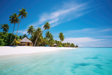 Fototapeta na wymiar Maldivian Serenity. A Secluded Beach Offering Peace and Tranquility. Tropical beach with blue waters concept. AI Generative
