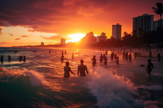 Golden Waikiki Sunset Silhouettes in Honolulu, Hawaii: Relaxation and Majestic Beauty Along the Serene Pacific Coastline.




