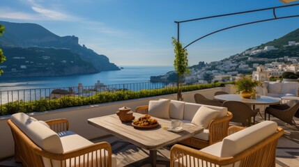 Obraz premium Luxurious villa nestled along the breathtaking Amalfi Coast of Italy, with panoramic views of the sparkling Mediterranean Sea and cliffside terraces