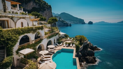 Fototapeta premium Luxurious villa nestled along the breathtaking Amalfi Coast of Italy, with panoramic views of the sparkling Mediterranean Sea and cliffside terraces