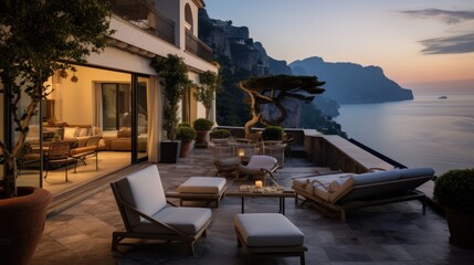 Fototapeta premium Luxurious villa nestled along the breathtaking Amalfi Coast of Italy, with panoramic views of the sparkling Mediterranean Sea and cliffside terraces