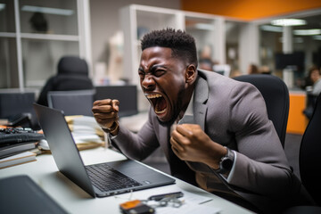 Frustrated Black Man Sitting at Desk in the Office, Expressing Irritation and Anger Over Workplace Stress
 - obrazy, fototapety, plakaty