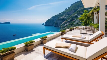 Fototapeta premium Luxurious villa nestled along the breathtaking Amalfi Coast of Italy, with panoramic views of the sparkling Mediterranean Sea and cliffside terraces