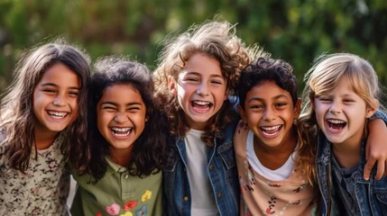 Fototapeten Multi-ethnic group of school children laughing and playing in park background for children's day, Generative ai © Deep Ai Generation