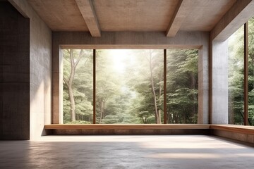 Tranquil Wilderness: Expansive Window in Concrete Room Offering Forest View (Generative AI)