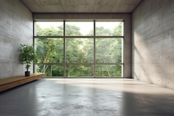 Rustic Retreat: Large Window in Empty Concrete Room Unveiling Picturesque Forest (Generative AI)