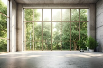 Forest Vistas: Serene Concrete Room with Spacious Window Framing Nature's Beauty (Generative AI)