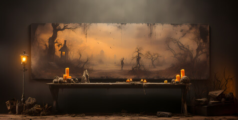 Photo-Realistic Halloween: Haunted House Twilight Still Life on Unprimed Canvas with Light Amber