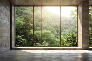 Nature's Embrace: Empty Concrete Room with Large Window Overlooking Forest (Generative AI)