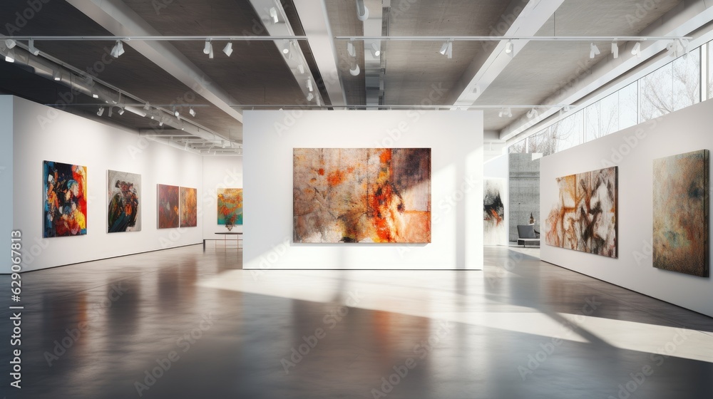 Wall mural An art gallery with beautiful paintings displayed on minimalist white walls. Generative AI