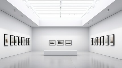 An art gallery with beautiful paintings displayed on minimalist white walls. Generative AI - obrazy, fototapety, plakaty