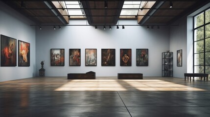 An art gallery with beautiful paintings displayed on minimalist white walls. Generative AI - obrazy, fototapety, plakaty
