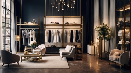 Elegant displays in a boutique fashion store interior. Generative AI