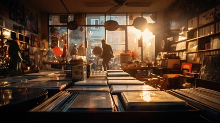 Fotobehang Muziekwinkel A record store with vintage vinyl collections under warm, nostalgic lighting. Generative AI