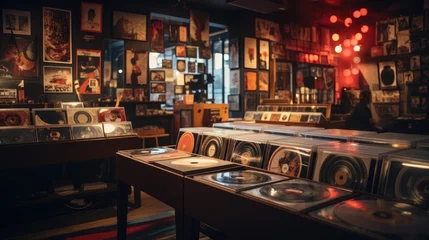 Photo sur Plexiglas Magasin de musique A record store with vintage vinyl collections under warm, nostalgic lighting. Generative AI