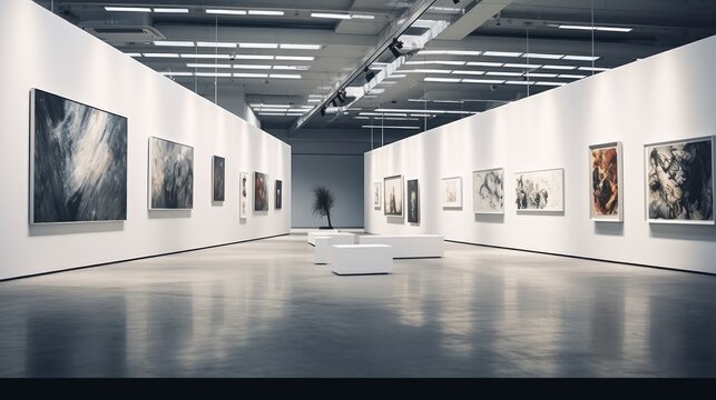 An art gallery with beautiful paintings displayed on minimalist white walls. Generative AI