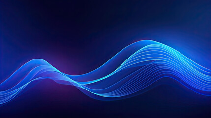 abstract minimal neon background with glowing wavy line. Dark wall illuminated with led lamps. Blue futuristic wallpaper