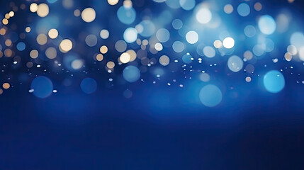 Blurred bokeh light on dark blue background. Christmas and New Year holidays template. Abstract glitter defocused blinking stars and sparks
