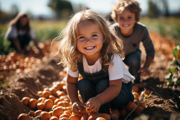 group of happy kids gleefully pick pumpkins from a patch on Halloween, their laughter and excitement filling the air with joy and anticipation for the festivities ahead - obrazy, fototapety, plakaty