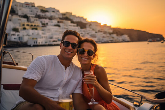 Romantic Mediterranean Cruise. Couple Sailing on a Boat during Summer Vacation at Sunset. AI Generative