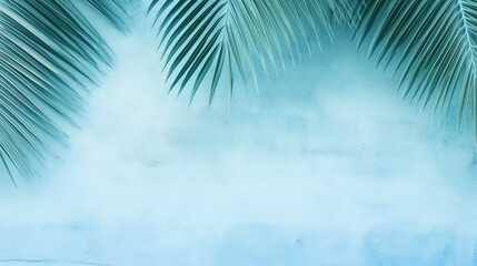 Fototapeta na wymiar Empty palm shadow blue color texture pattern cement wall background. Used for presentation business nature organic cosmetic products for sale shop online. Summer tropical beach with minimal concept