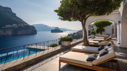 Fototapeta premium Luxurious villa nestled along the breathtaking Amalfi Coast of Italy, with panoramic views of the sparkling Mediterranean Sea and cliffside terraces