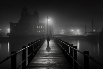 A moody image of a man walking on a dock on a foggy night in a city harbour.  Generative AI.