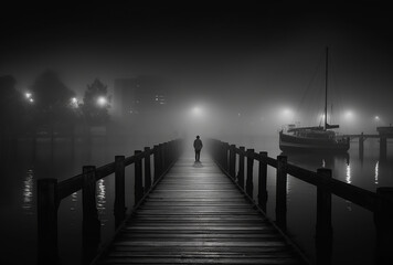 A moody image of a man walking on a dock on a foggy night in a city harbour.  Generative AI. - obrazy, fototapety, plakaty
